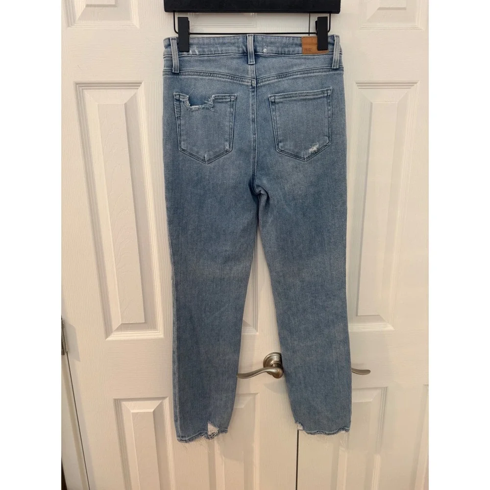 PAIGE Cindy High Rise Straight Leg Distressed Jeans Light Blue Raw Hem. Stretch.